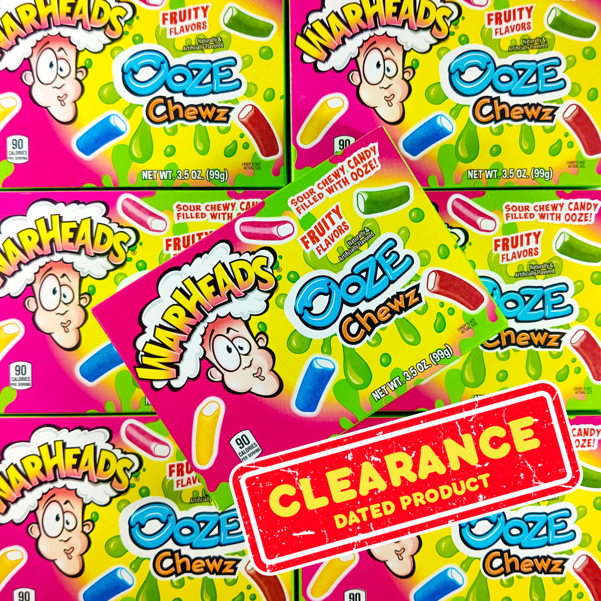 Warheads Ooze Chewz candy packages with a clearance label on a colorful background