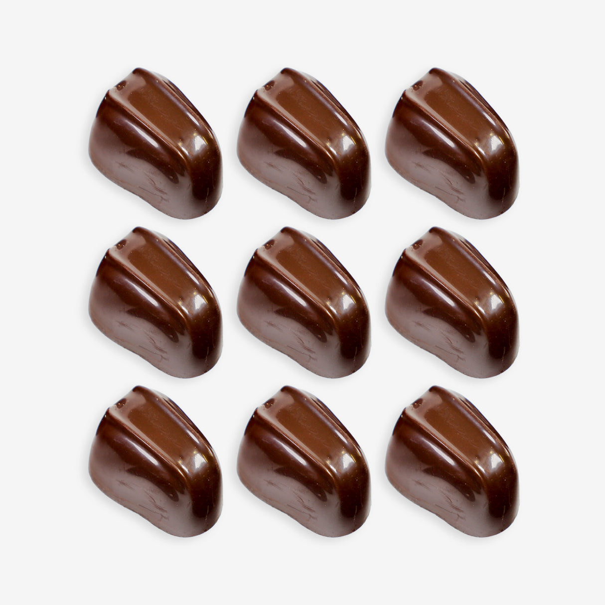 Nine chocolate candies arranged in a 3x3 grid on a white background