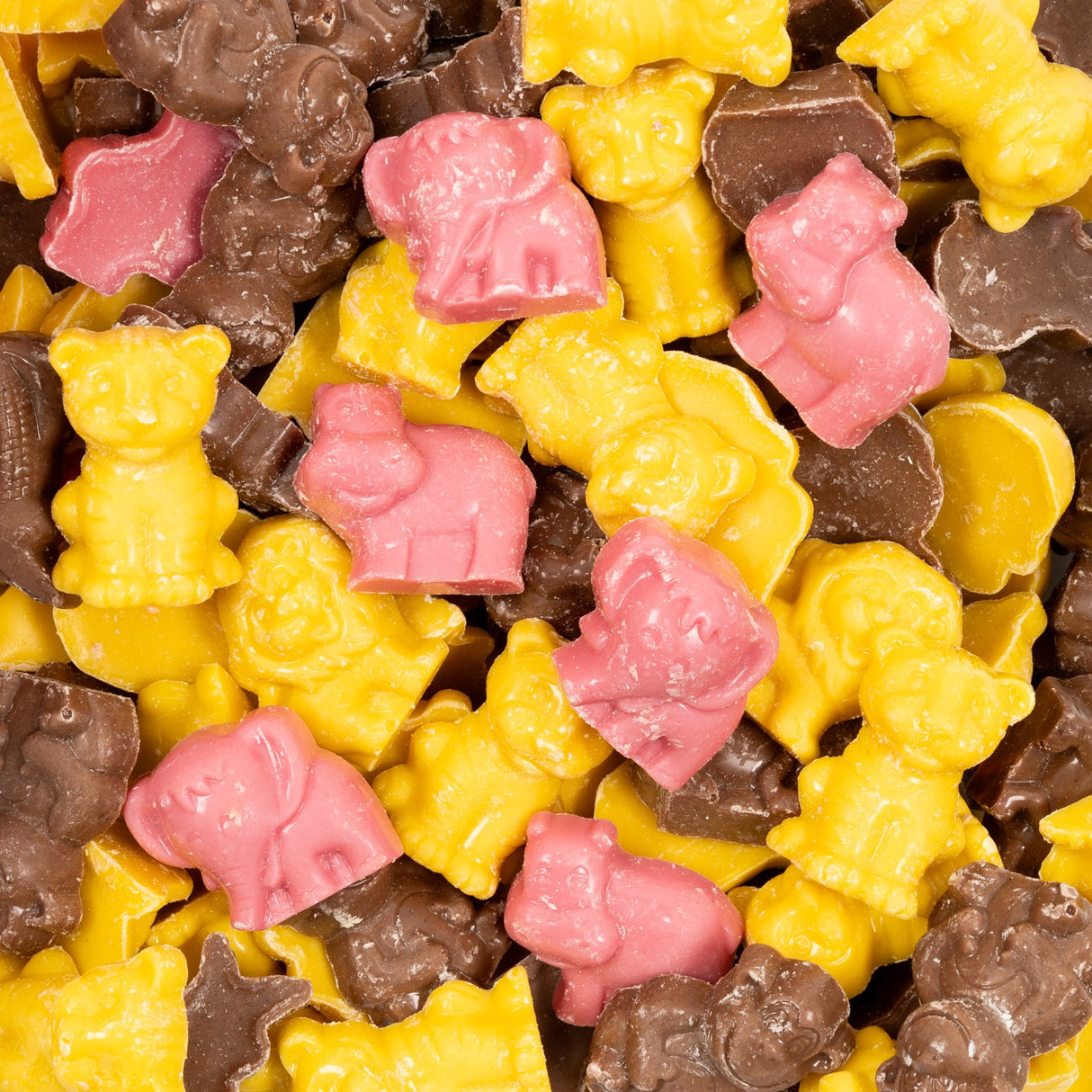 chocolate, milk, yellow, brown, pink, animals