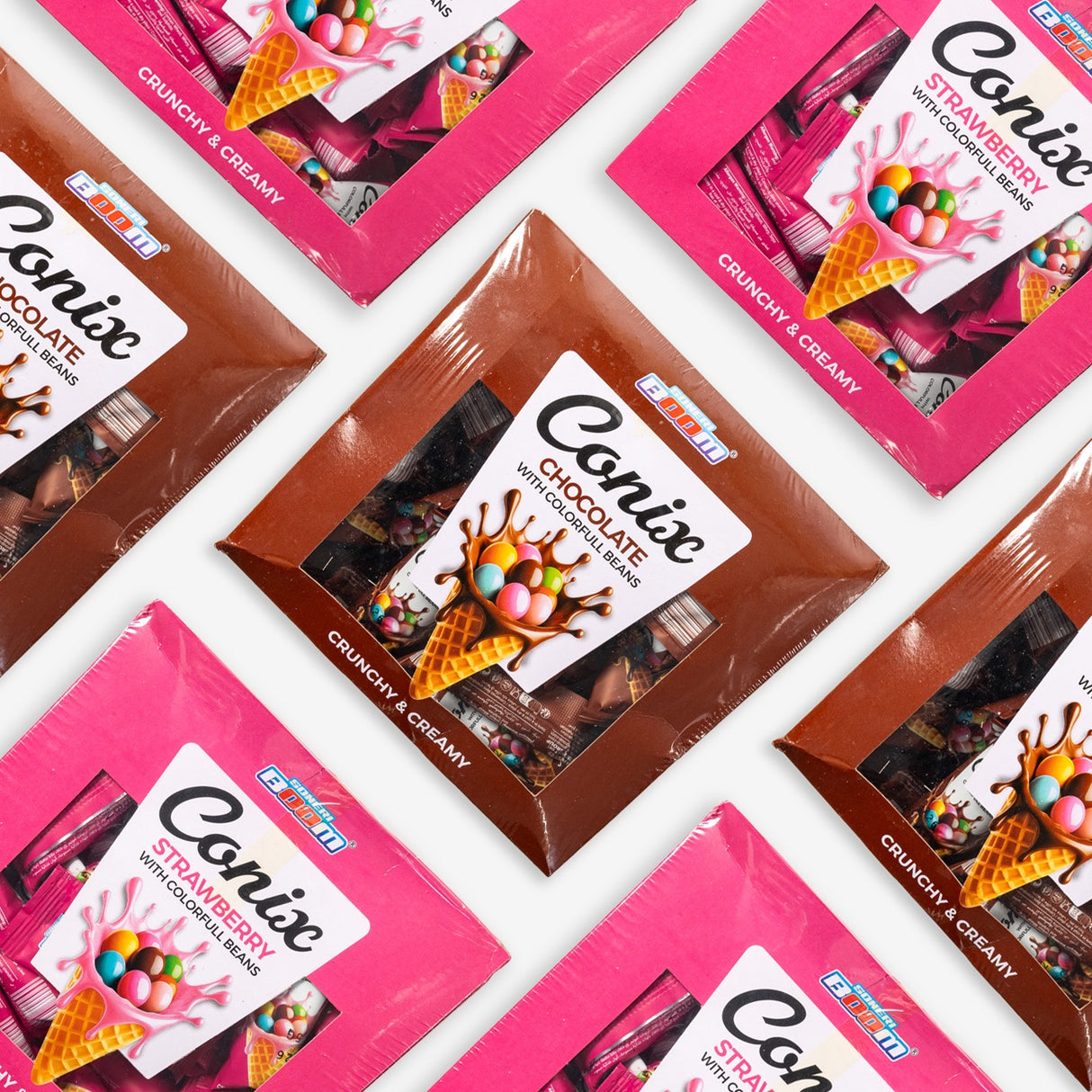 Multiple packages of Cnix chocolates on a white background