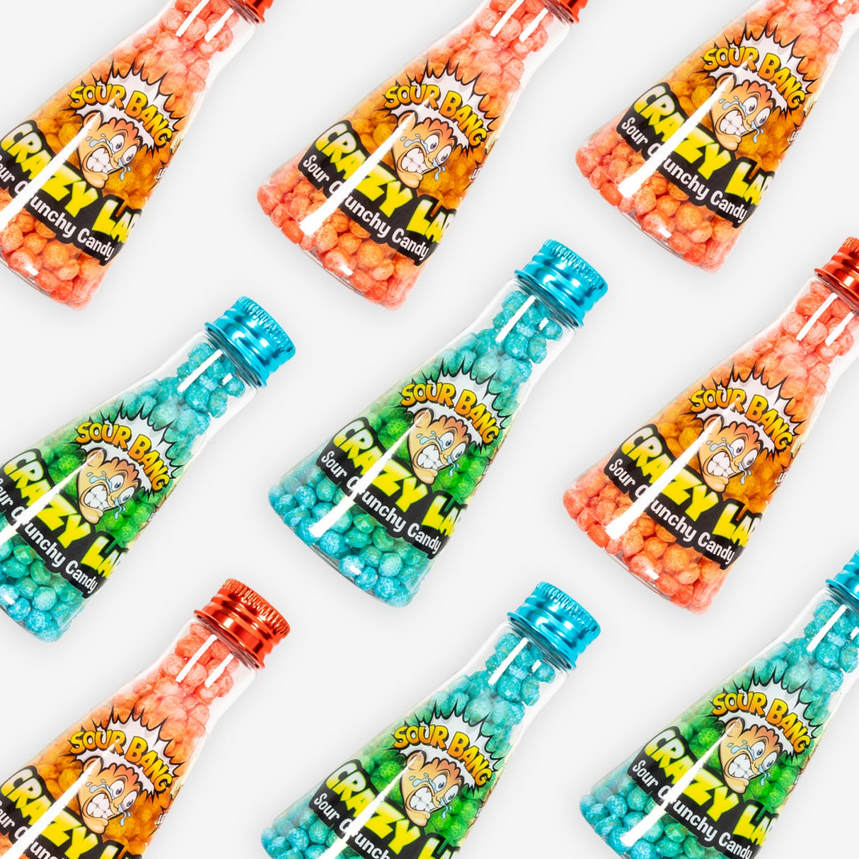 Sour Bang Crazy Lab candy bottles on a white background