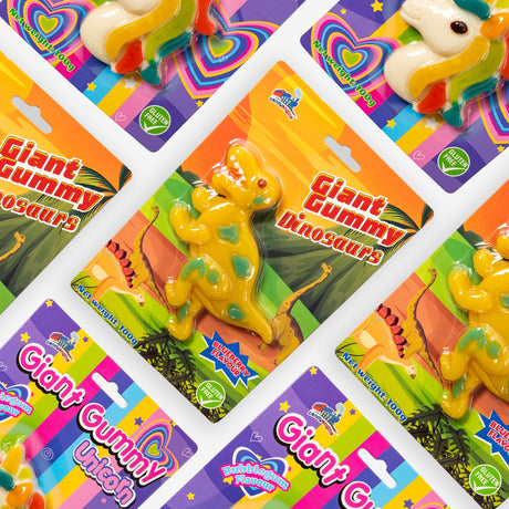 Giant Gummy Dinosaurs in colorful packaging on a white background