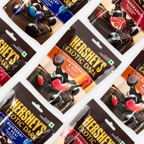Collage of Hershey's Exotic Dark chocolate packages with various flavors.