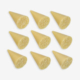 Nine yellow conical objects on a white background