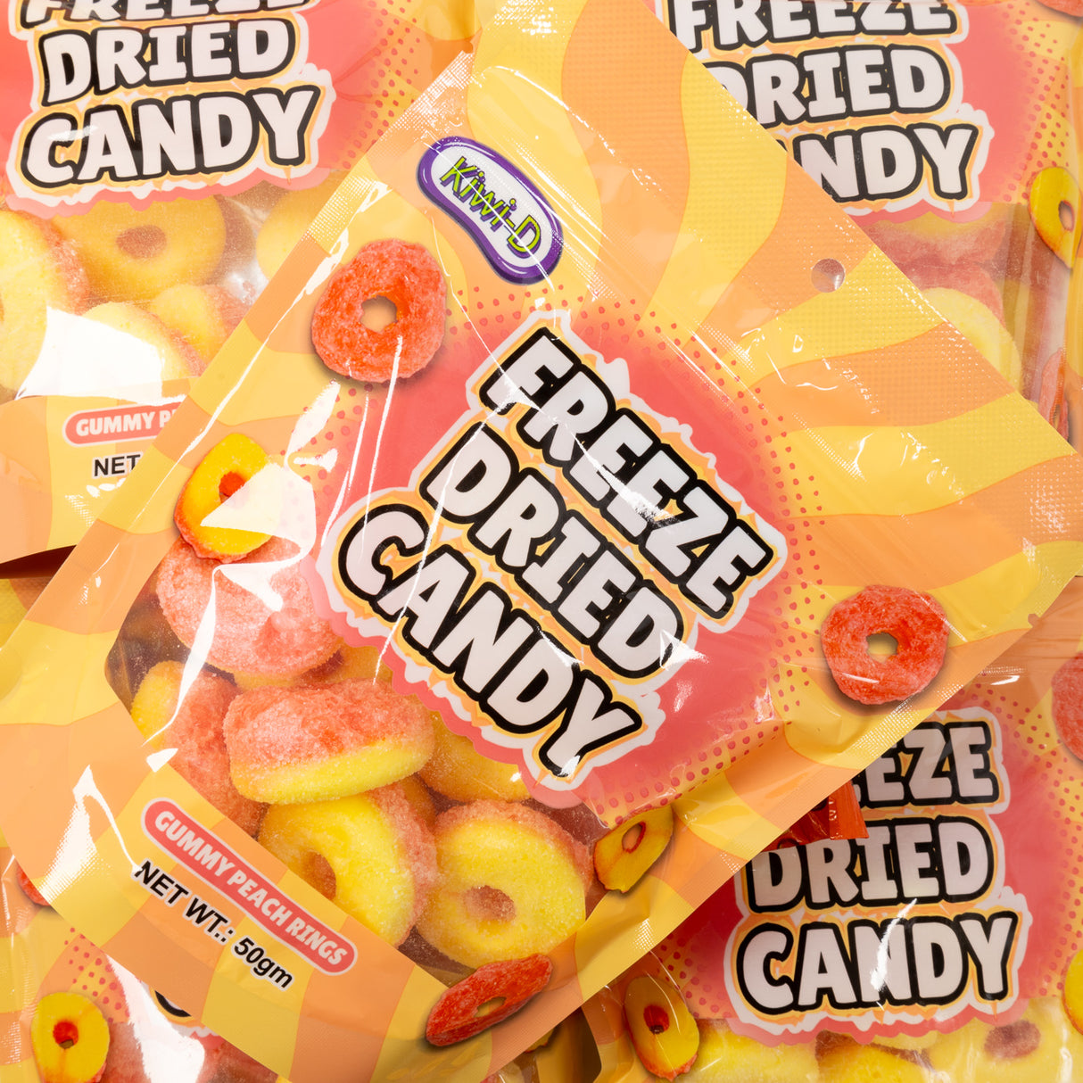 freeze dried, candy, gummy, peach, rings