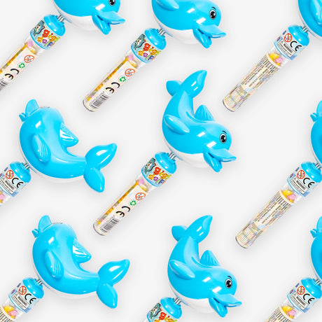 Blue dolphin-shaped bubble candy container on a white background