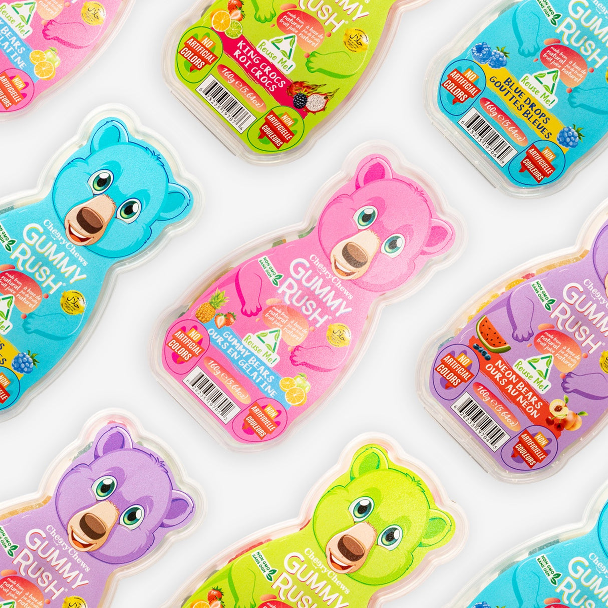 Colorful Gummy Rush bear-shaped containers on a white background