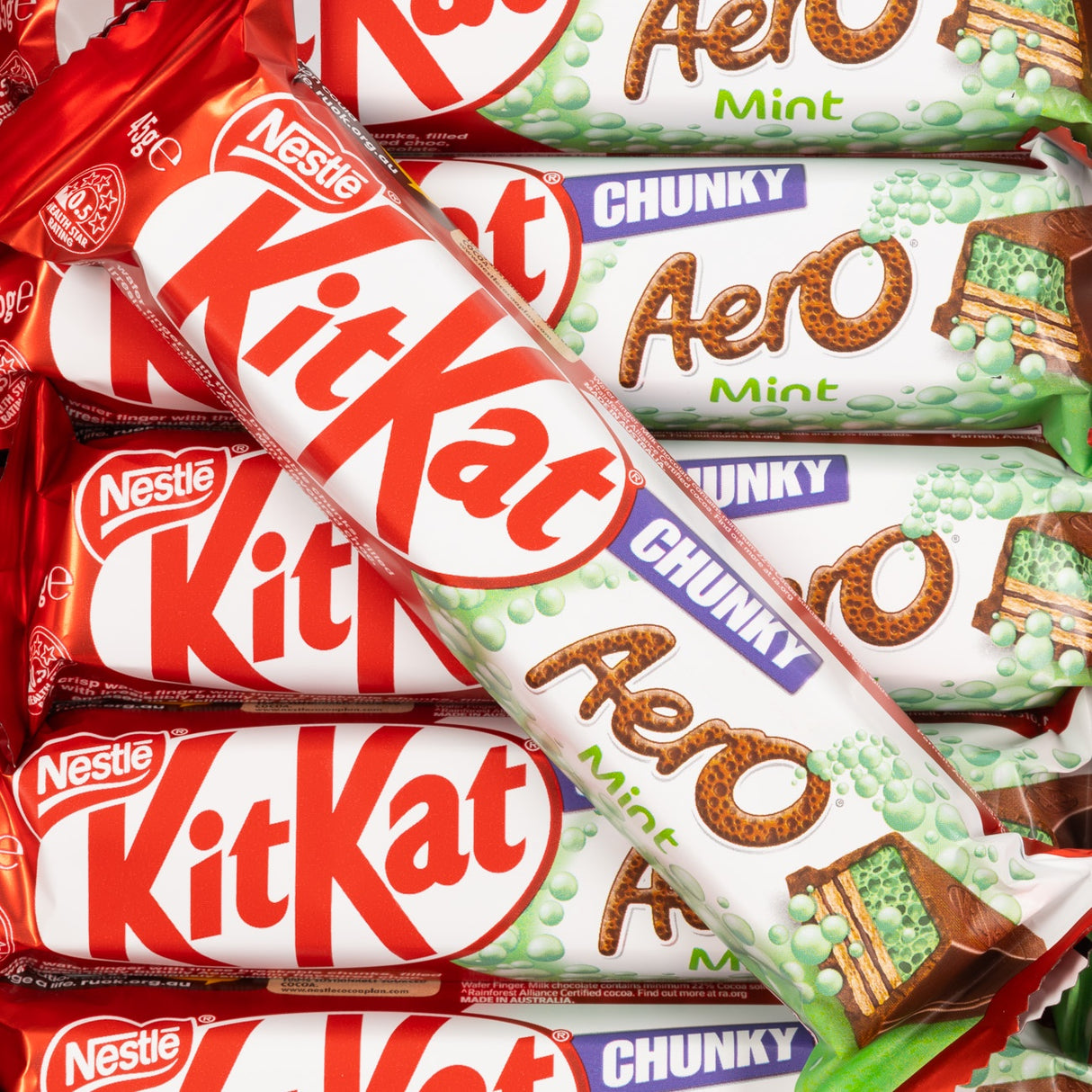 kitkat, chocolate, chunky, aero, mint