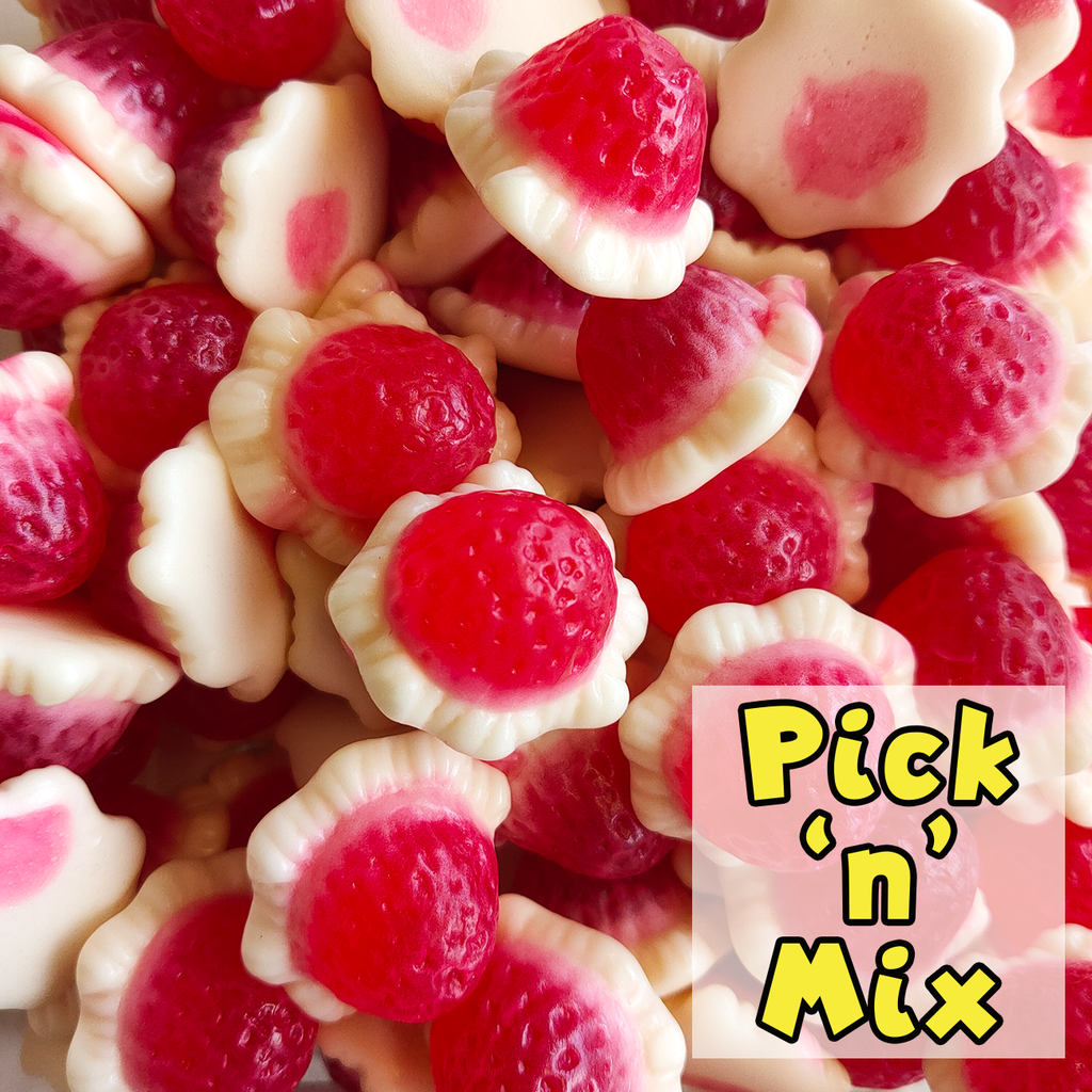Giant Strawberries & Cream, Strawberry and Cream, pick n mix, gummy lollies, strawberry lollies