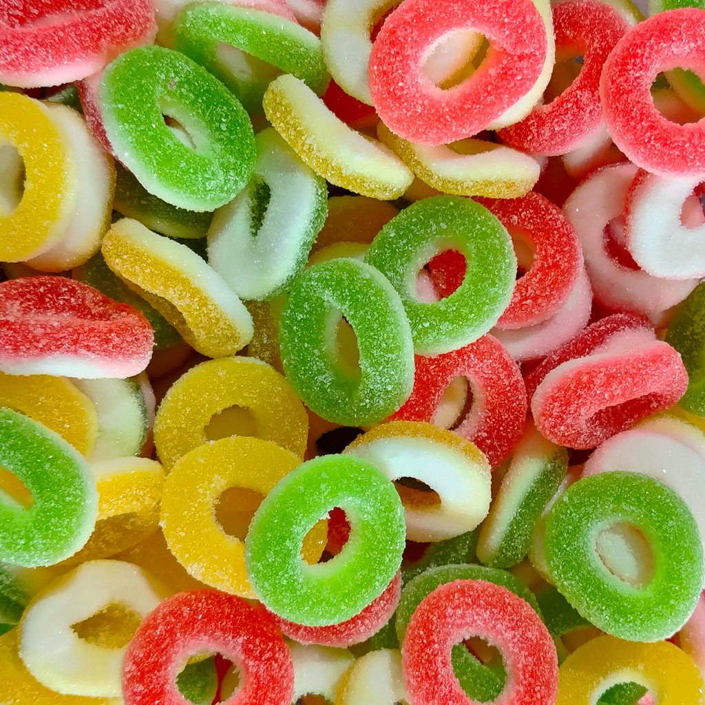 Fruit rings, sour fruit rings, colourful fruit rings, sour lollies, colourful lollies, rings
