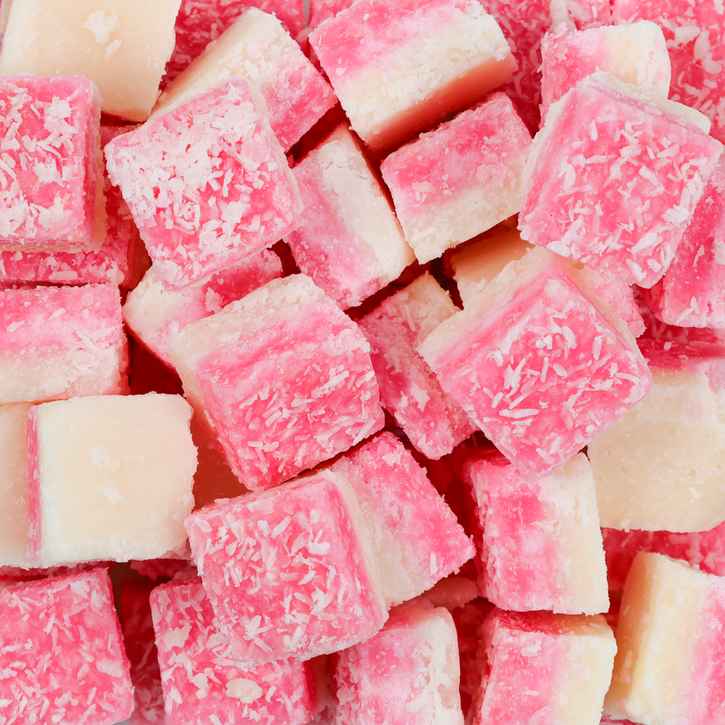coconut ice, pink and white, fudge