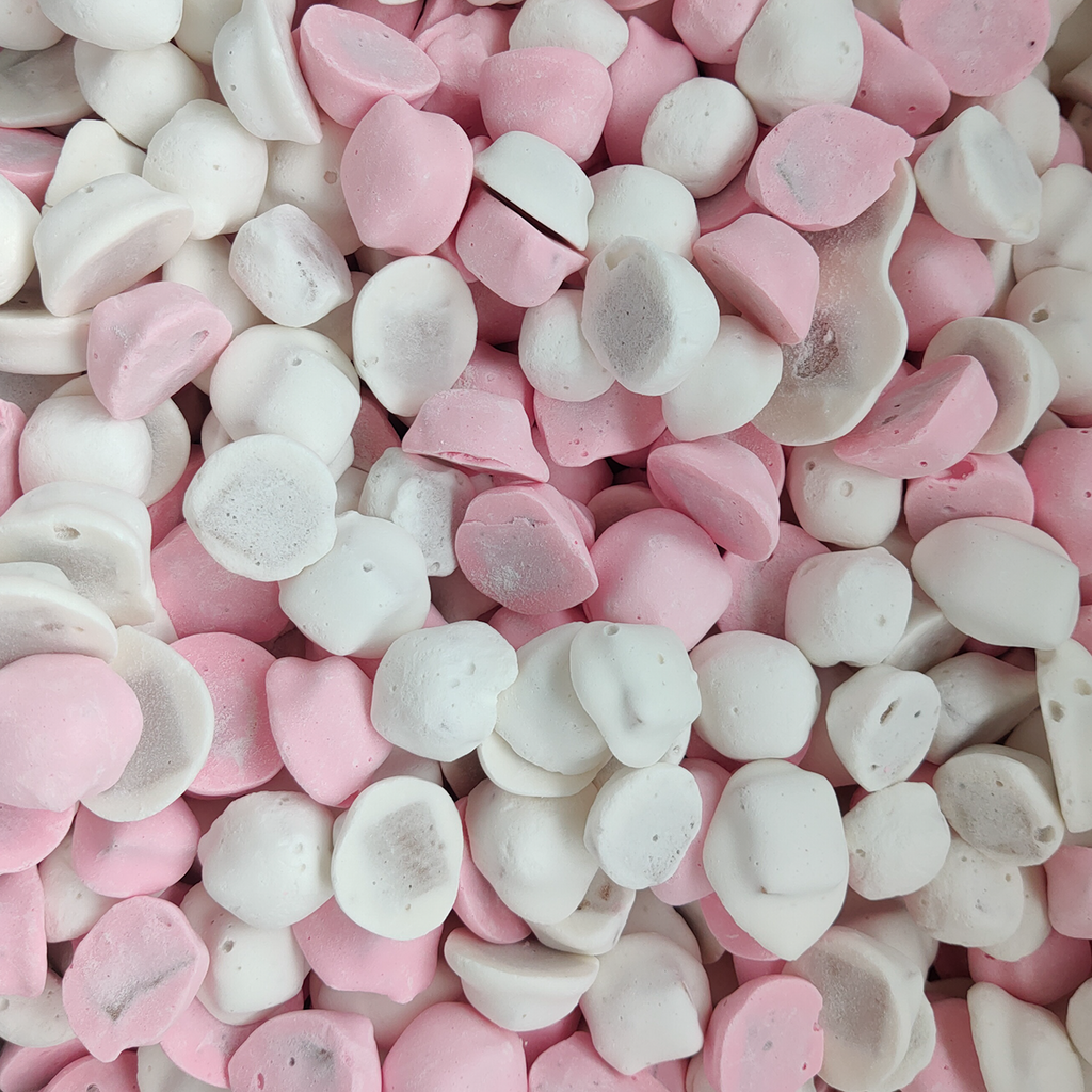 Frosted Caramels. NZ Lollies, Pink & White Lollies, Frosted Caramels, Old Fashioned 