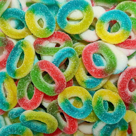 fruit rings, multi colour fruit rings, sour gummis, gummis, delicious