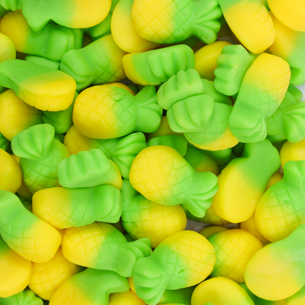 gummy pineapples, green and yellow, pineapple lollies, gummies