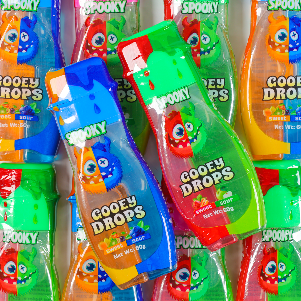 spooky gooey drops, sweet and sour candy, dual flavours