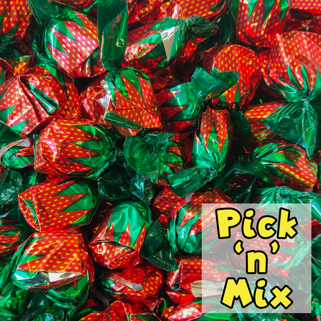 strawberry candies, hard lollies, filled lollies, red and green, pick n mix