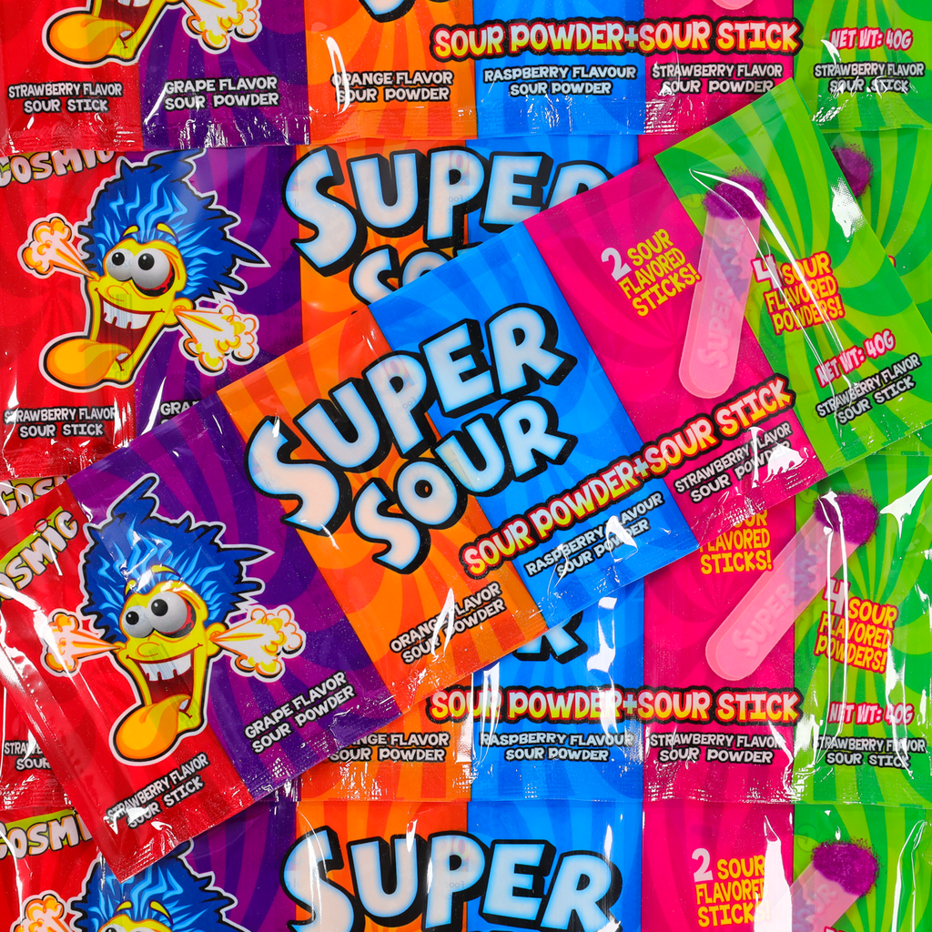 super sour powder, super sour lollies, powder and lollipop, novelty lollies